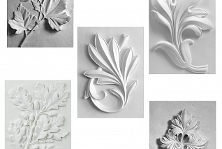 Комплект гипсовых моделей для натюрморта (цветок лотоса, ветка лавра, ветка яблони, нарцисс)