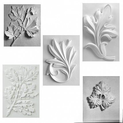 Комплект гипсовых моделей для натюрморта (цветок лотоса, ветка лавра, ветка яблони, нарцисс)