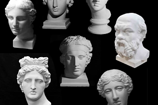Комплект гипсовых моделей головы -7 шт (Голова Августа, Голова Венеры Милосской, Голова Гермеса, Голова Гаттамелата (Донателло), Голова Сократа, Голова Аполлона, Обрубовка по Гудону ЕК)